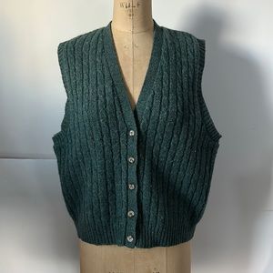 Vintage 80s 90s Land’s End Shetland wool sweater vest gilet green heather